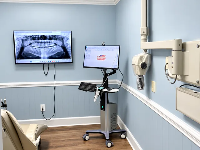 Treatment room with a panoramic X-ray on the wall screen, an intraoral scanner cart and a wall-mounted X-ray unit