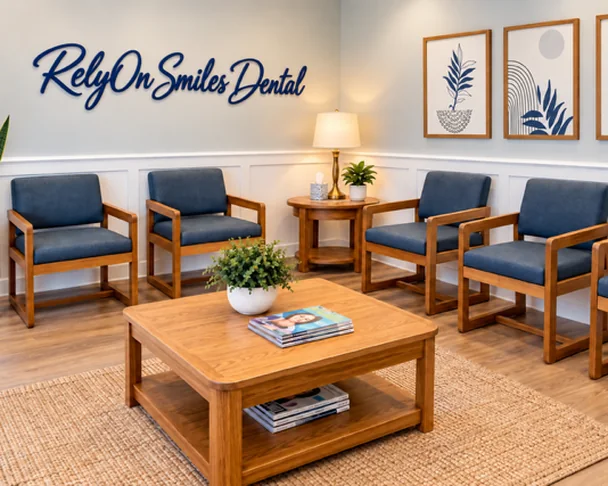 Waiting room at RelyOn Smiles Dental with navy armchairs, a wooden coffee table and the practice name on the wall